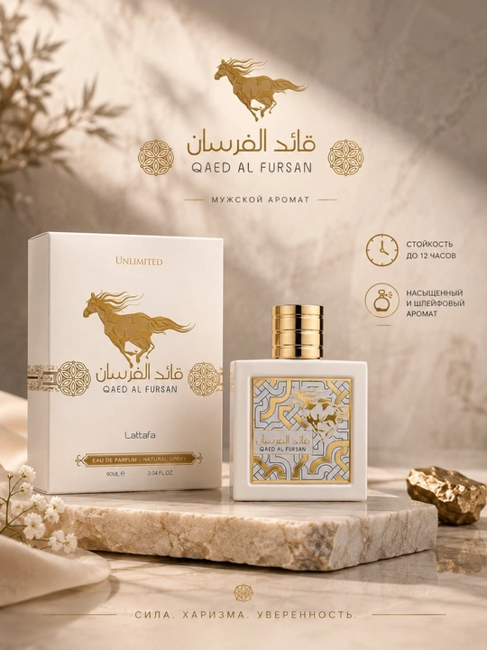 QAED AL FURSAN oq, Lattafa, erkaklar uchun sharqona hashamatli atir, 100 ml