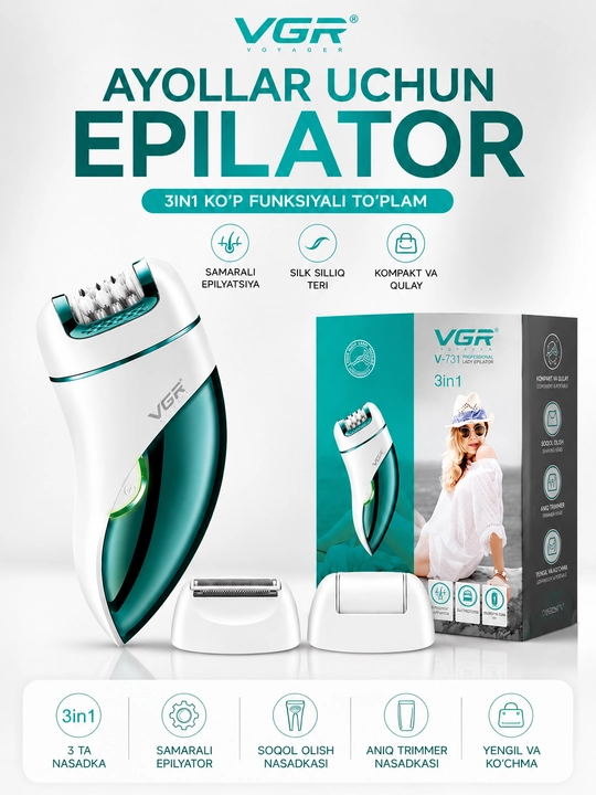 Ayollar uchun epilator, tana tuklarini olib tashlash uchun, simsiz, indikatorli, 2 tasi 1 da - 