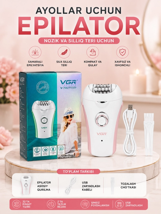 Ayollar uchun epilator, tana tuklarini olib tashlash uchun,vgr 705 simsiz, indikatorli - 