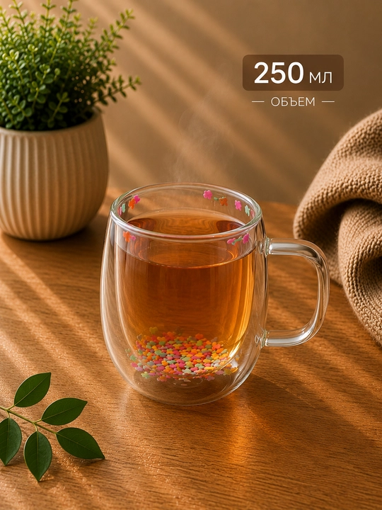 Qo‘sh devorli va bezakli shisha krujka (250 ml)