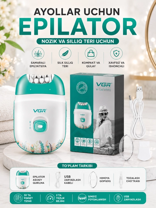 Ayollar epilyator-depilyatori, butun tana sochlarini olib tashlash uchun, simsiz VGR 726 - 