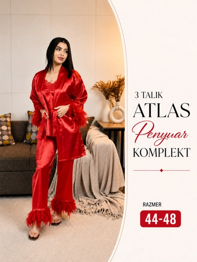 Женский атласный комплект 3 в 1, ночнушка женская, ночная сорочка, размер 44-48 - 