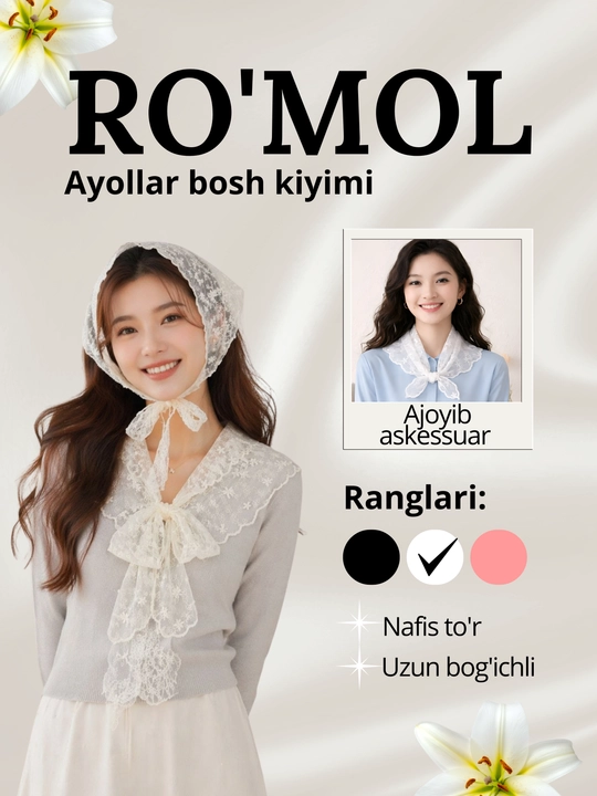 Ayollar uchun nafis to'r ro'mol-bandamka - 
