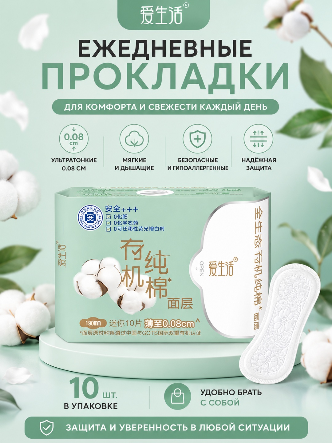 ILiFE Sof paxtadan tayyorlangan o‘ta yupqa Mini prokladkalar, 10 dona - 