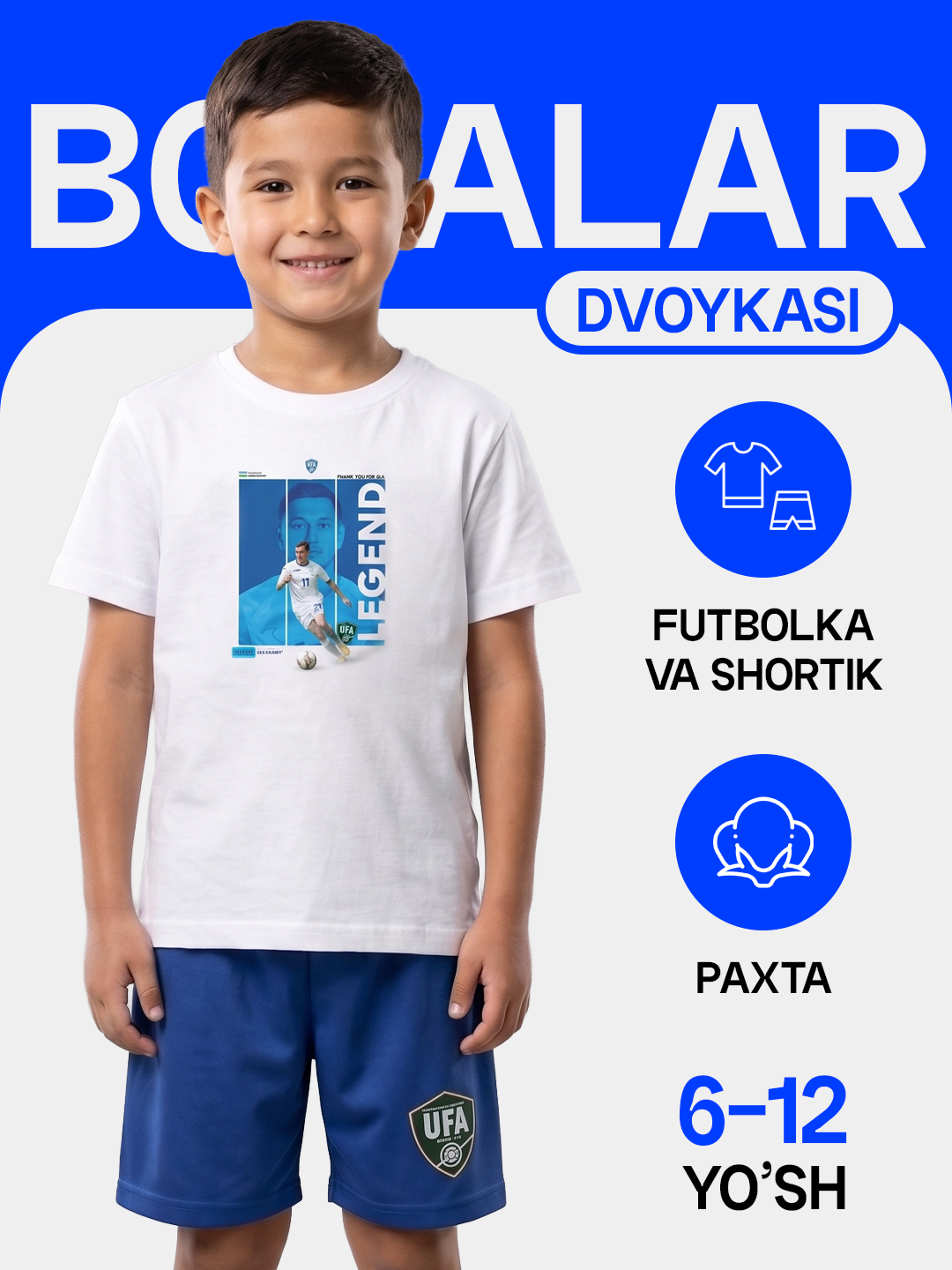 O‘g‘il Bolalar uchun kiyim to‘plami,futbolka va shortik, 6-12 yoshgacha. Ajoyib sovg‘a - 