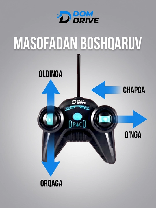 Bug‘ va yoritgichli radio boshqariladigan mashina, tezligi 15 km gacha, akkumulyatorli