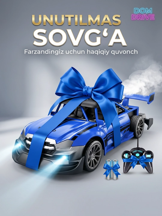 Bug‘ va yoritgichli radio boshqariladigan mashina, tezligi 15 km gacha, akkumulyatorli