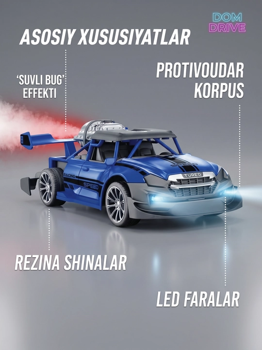 Bug‘ va yoritgichli radio boshqariladigan mashina, tezligi 15 km gacha, akkumulyatorli