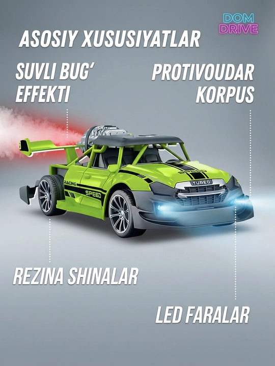 Bug‘ va yoritgichli radio boshqariladigan mashina, tezligi 15 km gacha, akkumulyatorli