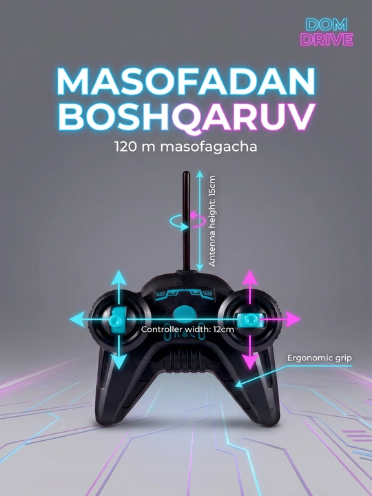 Bug‘ va yoritgichli radio boshqariladigan mashina, tezligi 15 km gacha, akkumulyatorli