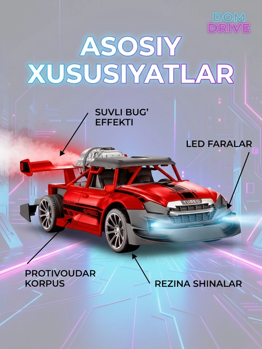 Bug‘ va yoritgichli radio boshqariladigan mashina, tezligi 15 km gacha, akkumulyatorli