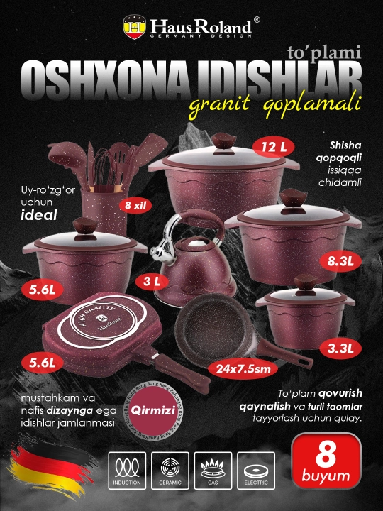HausRoland granit qoplamali oshxona idishlari to‘plami, qozonlar, skovorodka, choynak - 
