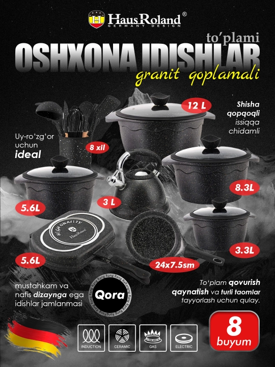 HausRoland granit qoplamali oshxona idishlari to‘plami, qozonlar, skovorodka, choynak - 