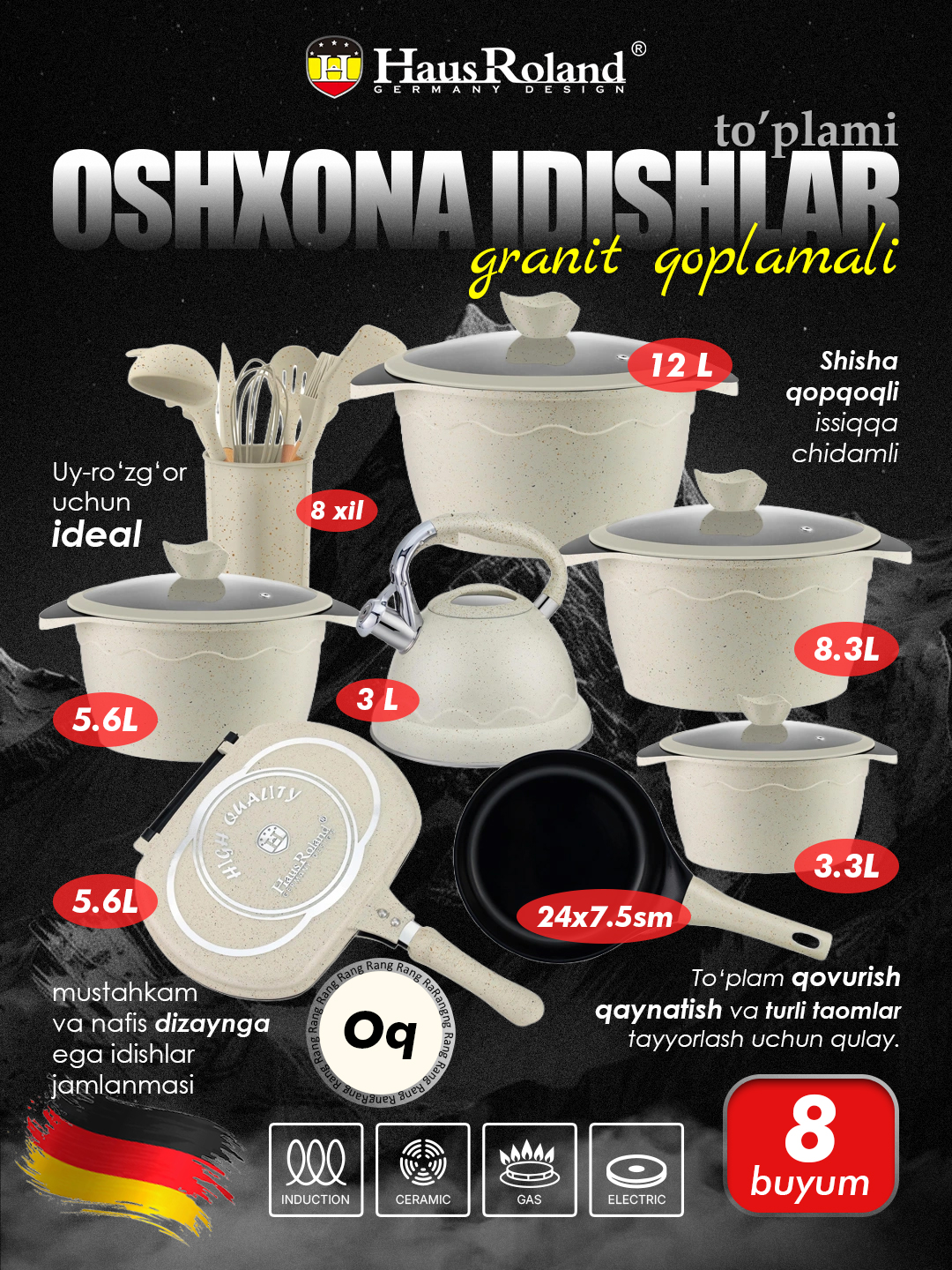 HausRoland granit qoplamali oshxona idishlari to‘plami, qozonlar, skovorodka, choynak - 