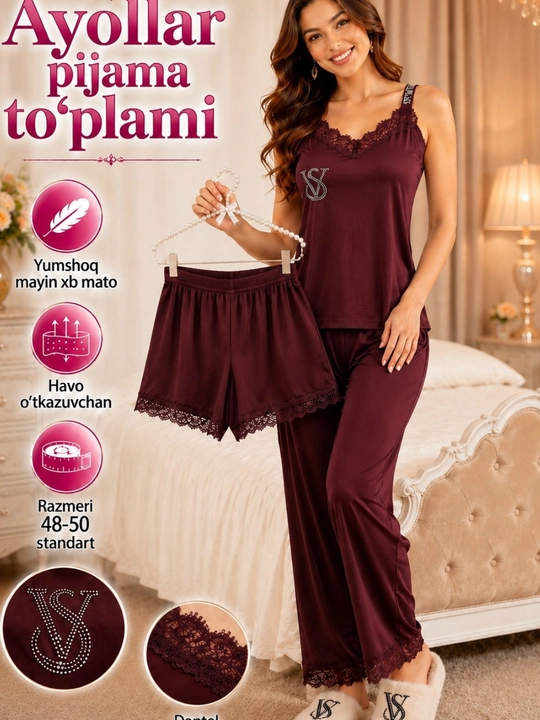 Ayol va qizlar pijama to‘plami 3/1 yumshoq, chiroyli pijama shortik mayka shimli - 