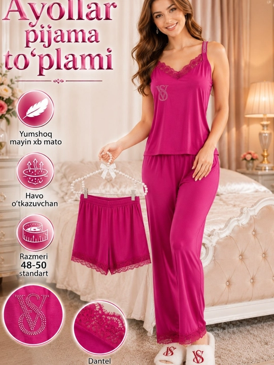 Ayol va qizlar pijama to‘plami 3/1 yumshoq, chiroyli pijama shortik mayka shimli - 