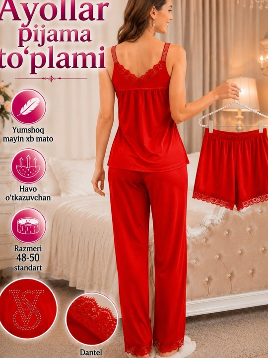 Ayol va qizlar pijama to‘plami 3/1 yumshoq, chiroyli pijama shortik mayka shimli