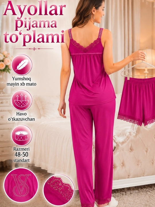 Ayol va qizlar pijama to‘plami 3/1 yumshoq, chiroyli pijama shortik mayka shimli
