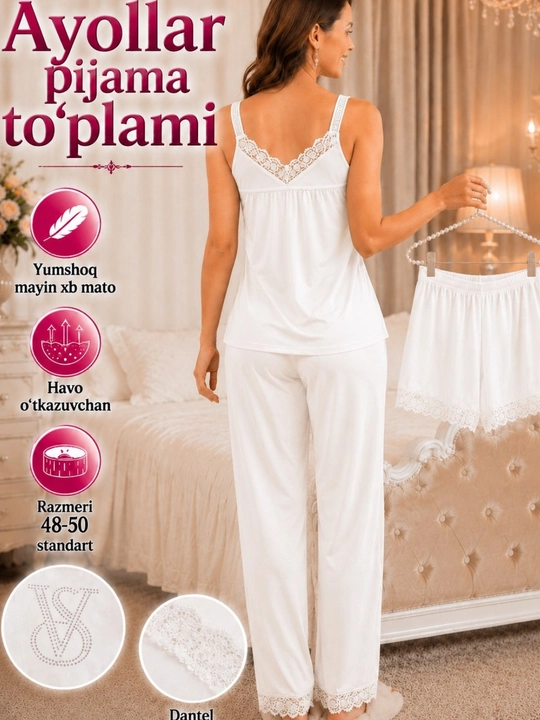 Ayol va qizlar pijama to‘plami 3/1 yumshoq, chiroyli pijama shortik mayka shimli