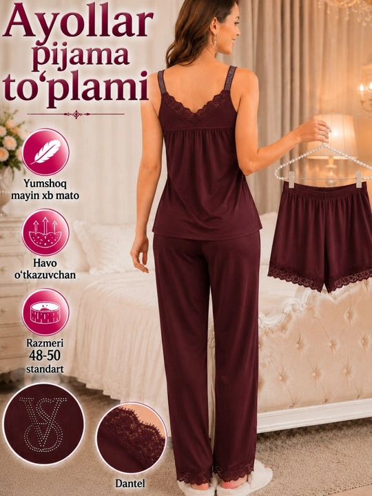 Ayol va qizlar pijama to‘plami 3/1 yumshoq, chiroyli pijama shortik mayka shimli