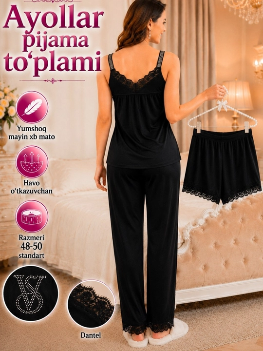 Ayol va qizlar pijama to‘plami 3/1 yumshoq, chiroyli pijama shortik mayka shimli