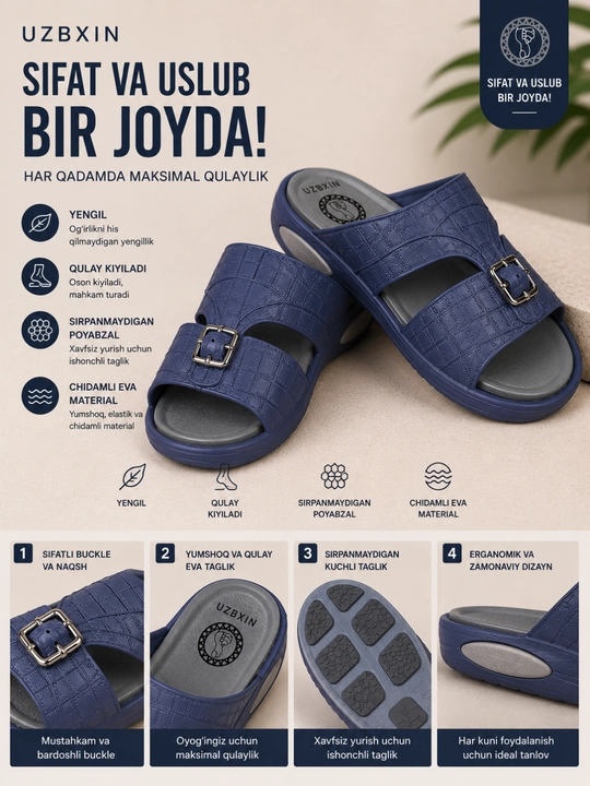 Erkaklar sandali 40-45, yengil rezina shippak, yozgi qulay oyoq kiyim