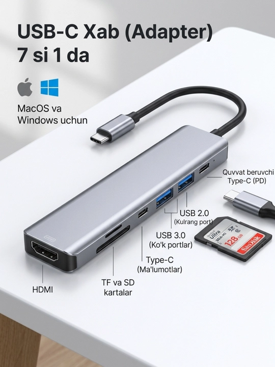 USB-C HUB: USB 3.0, USB-C, HDMI, SD va MicroSD portli ko‘p funksiyali adapter