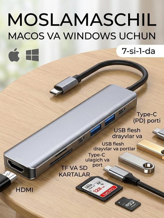 USB-C HUB: USB 3.0, USB-C, HDMI, SD va MicroSD portli ko‘p funksiyali adapter