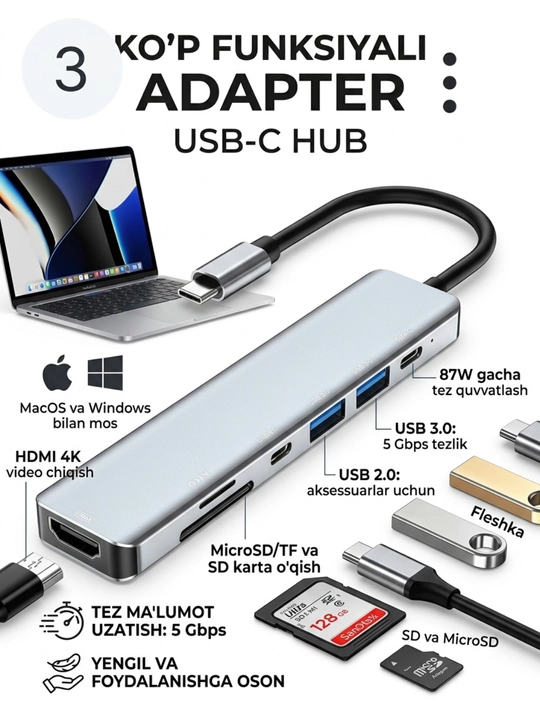 USB-C HUB: USB 3.0, USB-C, HDMI, SD va MicroSD portli ko‘p funksiyali adapter