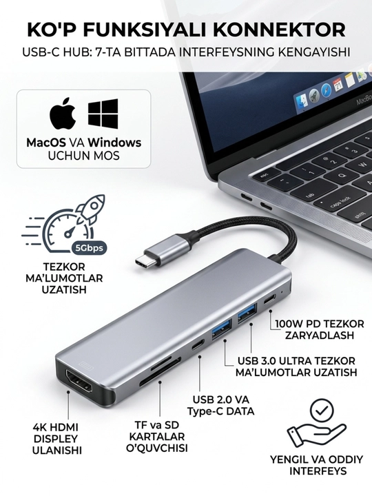 USB-C HUB: USB 3.0, USB-C, HDMI, SD va MicroSD portli ko‘p funksiyali adapter