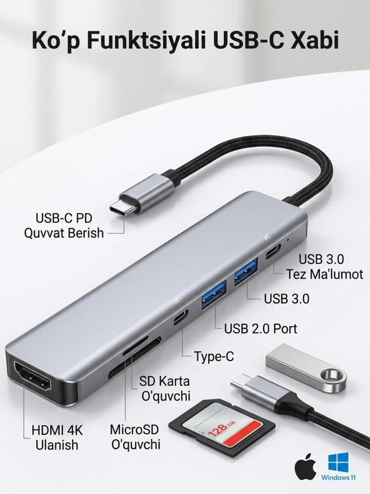 USB-C HUB: USB 3.0, USB-C, HDMI, SD va MicroSD portli ko‘p funksiyali adapter