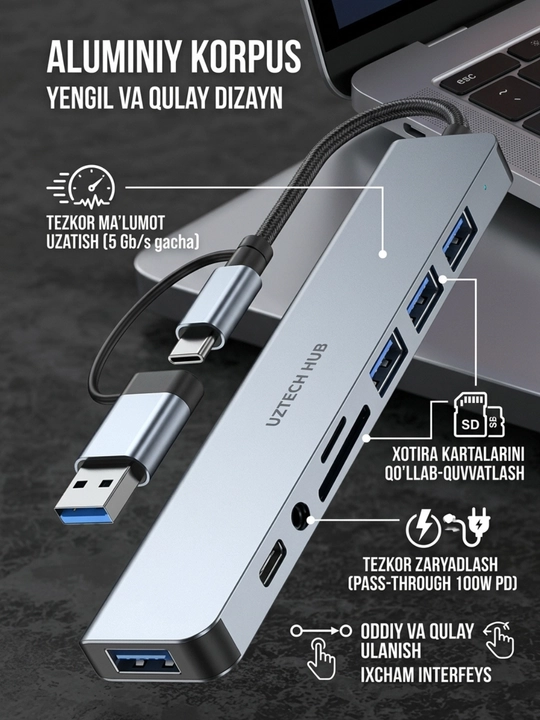 USB-C HUB: USB 3.0, USB-C, HDMI, SD va MicroSD portli ko‘p funksiyali adapter