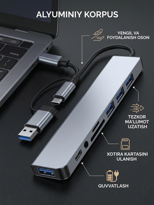 USB-C HUB: USB 3.0, USB-C, HDMI, SD va MicroSD portli ko‘p funksiyali adapter