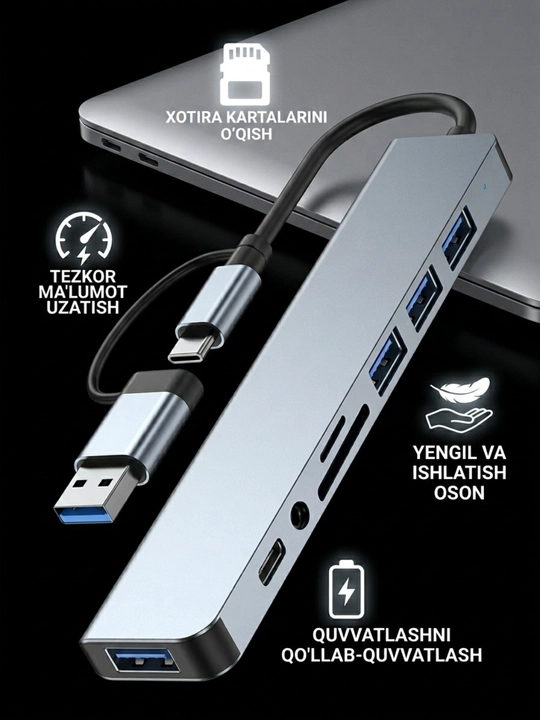 USB-C HUB: USB 3.0, USB-C, HDMI, SD va MicroSD portli ko‘p funksiyali adapter