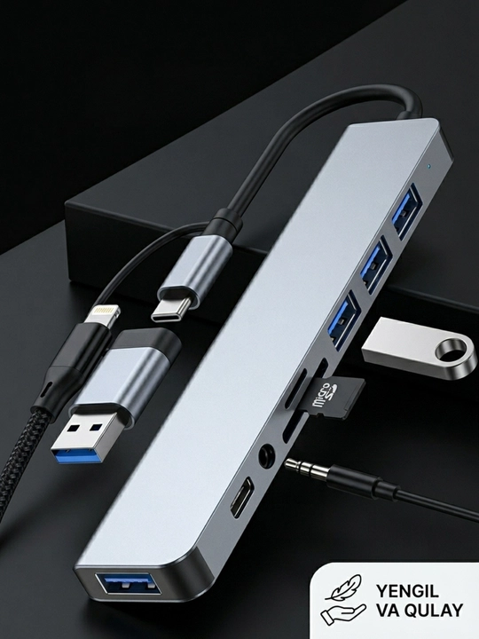 USB-C HUB: USB 3.0, USB-C, HDMI, SD va MicroSD portli ko‘p funksiyali adapter
