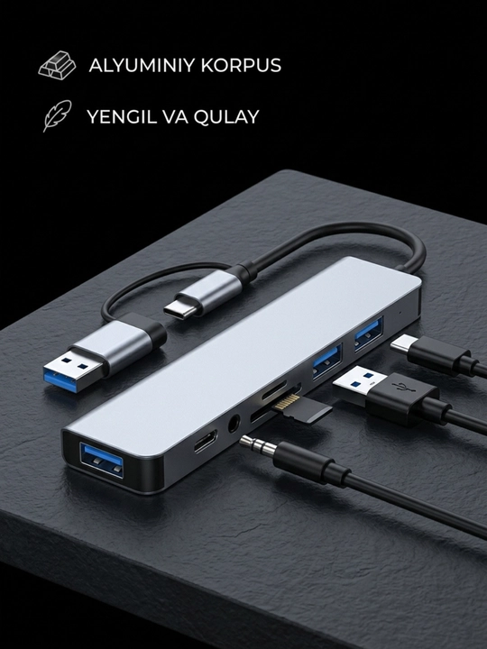 USB-C HUB: USB 3.0, USB-C, HDMI, SD va MicroSD portli ko‘p funksiyali adapter