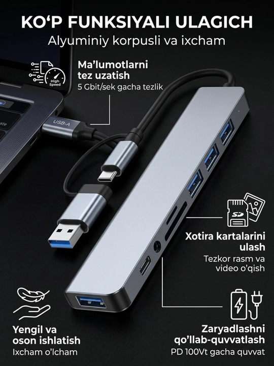 USB-C HUB: USB 3.0, USB-C, HDMI, SD va MicroSD portli ko‘p funksiyali adapter