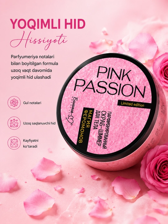 Скраб для лица и тела Pink Passion, ароматизированный скраб для тела, осветляющий, 200 г