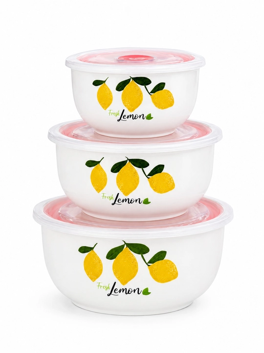 Набор керамических мисок с крышками Lemon, 3 шт, контейнеры для хранения продуктов - 