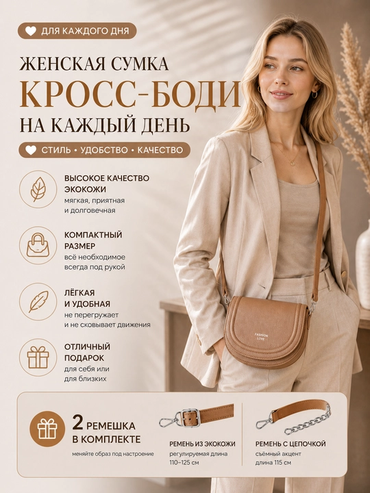 Сумка женская кросс-боди с 2 ремешками, эко кожа, стильная, компактная, повседневная