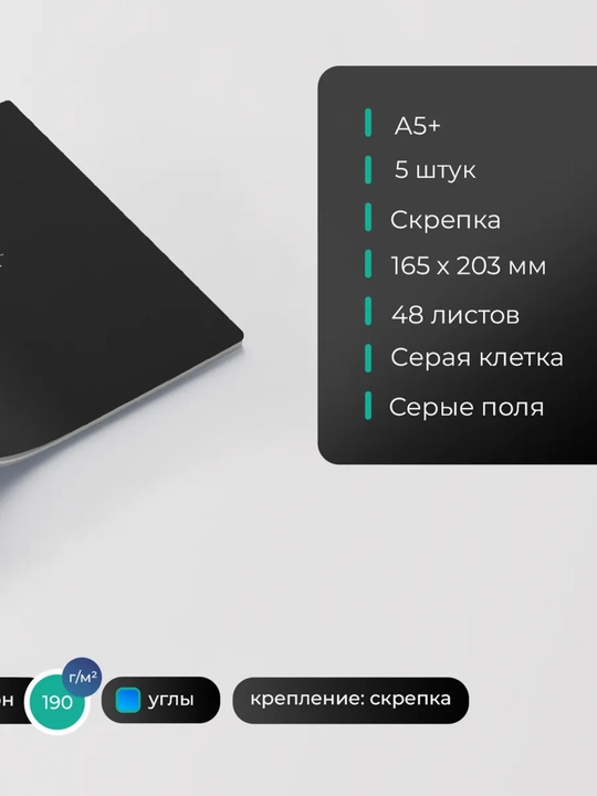 Daftarlar to‘plami A5, 48 varaq, 5 dona, katakli, maktab va talabalar uchun Rossiya