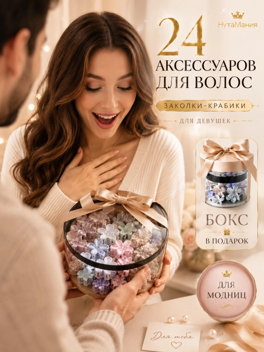 Набор заколок-крабиков для волос, 24 шт, цветок, в подарочном боксе, НутаМания