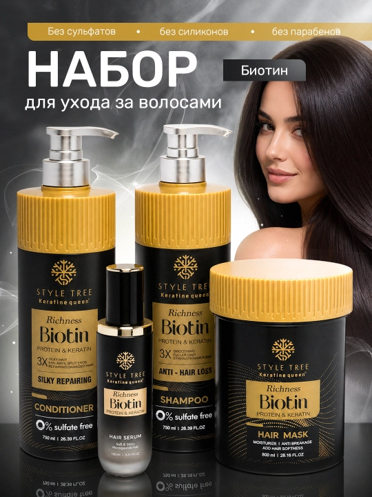 Keratine Queen Richness Biotin 4v1 to‘plami, shampun, konditsioner, zardob, niqob - 