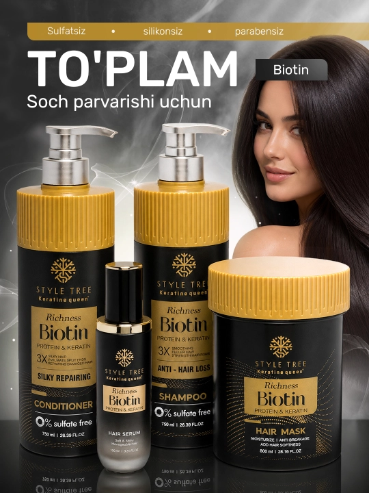 Набор Keratine Queen Richness Biotin 4в1 , шампунь, кондиционер, сыворотка, маска