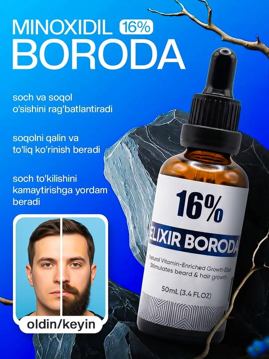 Миноксидил 16% Elixil Boroda – сыворотка для роста бороды и волос - 