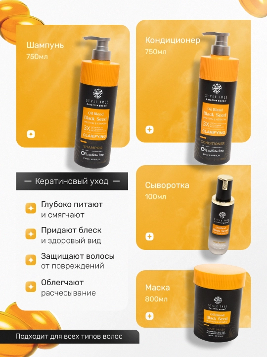 Набор Keratine Queen Black Seed Oil Blend 4в1 (шампунь, кондиционер, сыворотка, маска)