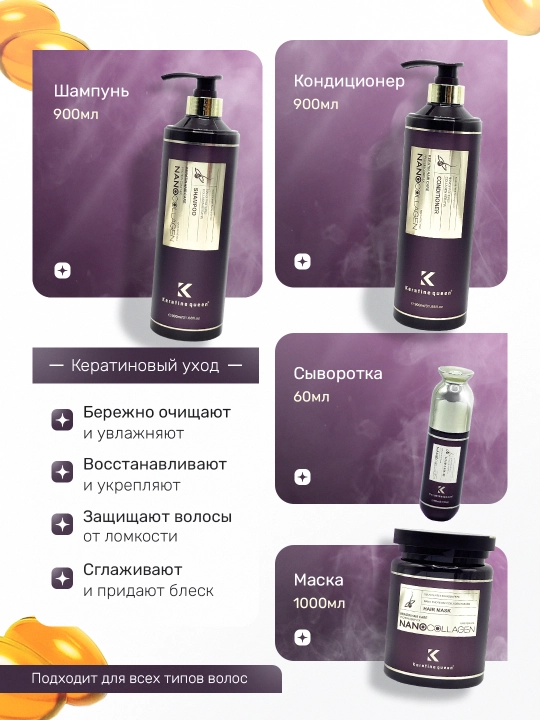 Набор Keratine Queen Nano Collagen 4в1 (шампунь, кондиционер, сыворотка, маска)