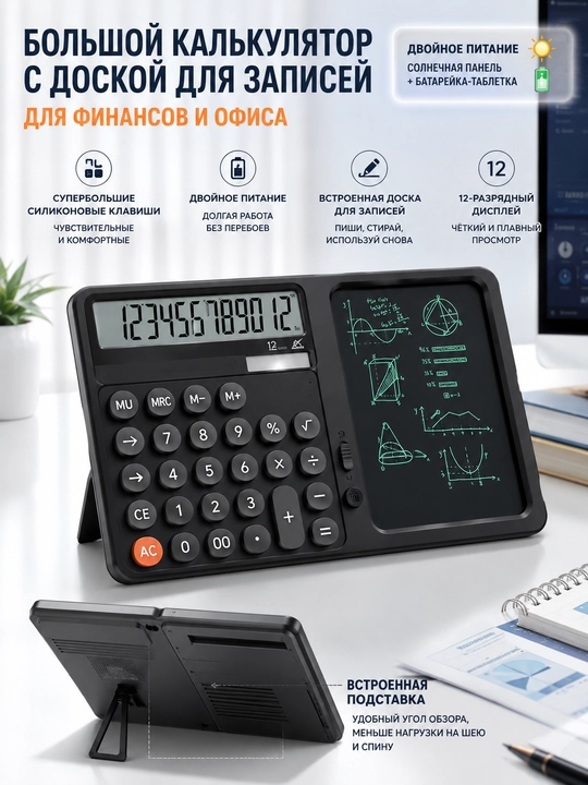 Moliyaviy va ofis ishlari uchun katta yozuv paneliga ega kalkulyator, ikki quvvat manbali