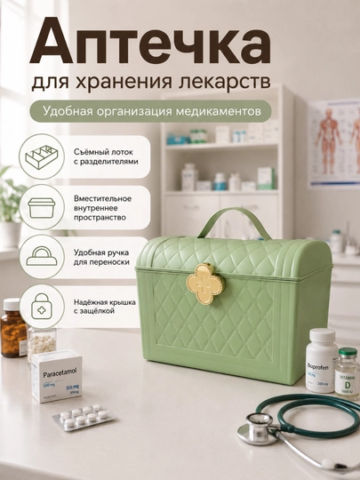 Аптечка — компактный контейнер, для лекарств и первой помощи — HOMEUM-APTECHKA-ЗЕЛЕН