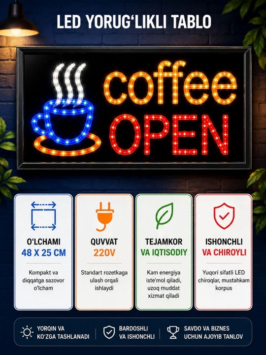 LED reklama doskasi (Ochiq, Coffee) yozuvi 48x25 sm - 